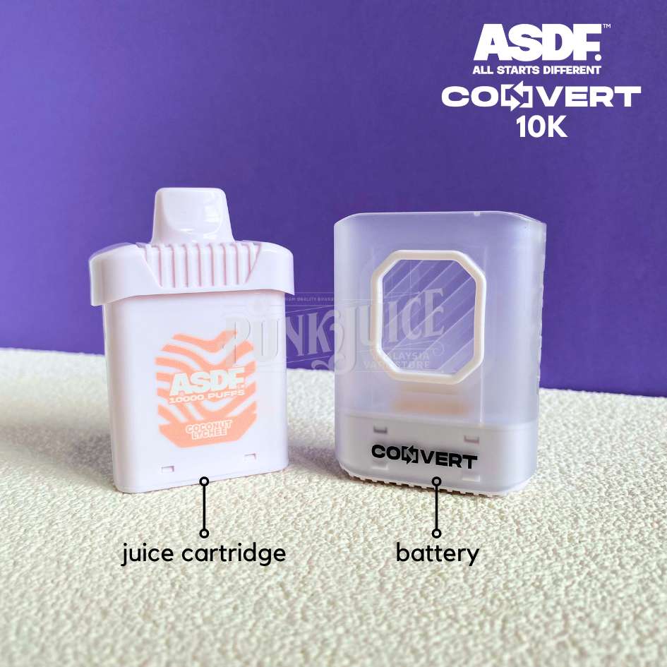 asdf convert 10k disposable pod - image of body battery and ejuice cartridge side by side